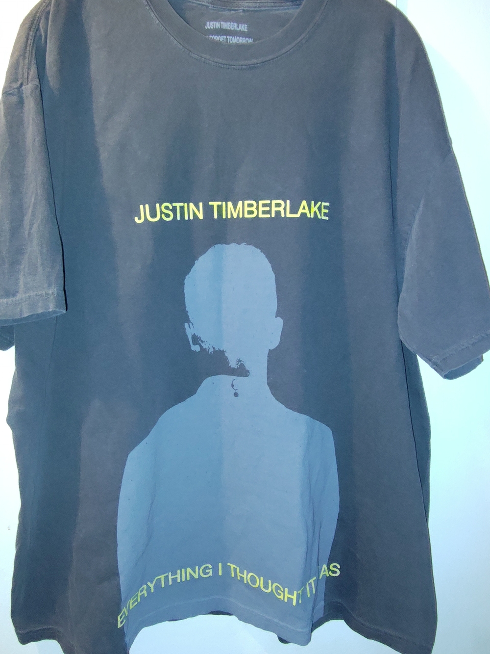 Justin Timberlake The Forget Tomorrow Graphic Tee in Black with Pale Blue Print